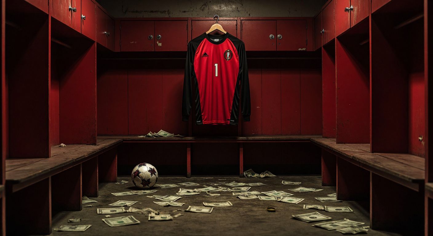 A weathered red-and-black soccer jersey hangs on a rusty nail in an empty, dimly lit locker room, with scattered unpaid bills and a deflated ball on the floor.