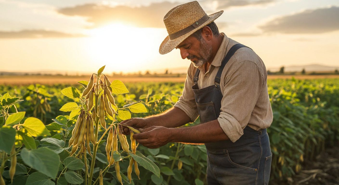 A Turkish farmer in a sunlit soybean field, wearing a straw hat and rolled-up sleeves, gently holding a mature soybean plant with golden pods ready for harvest.