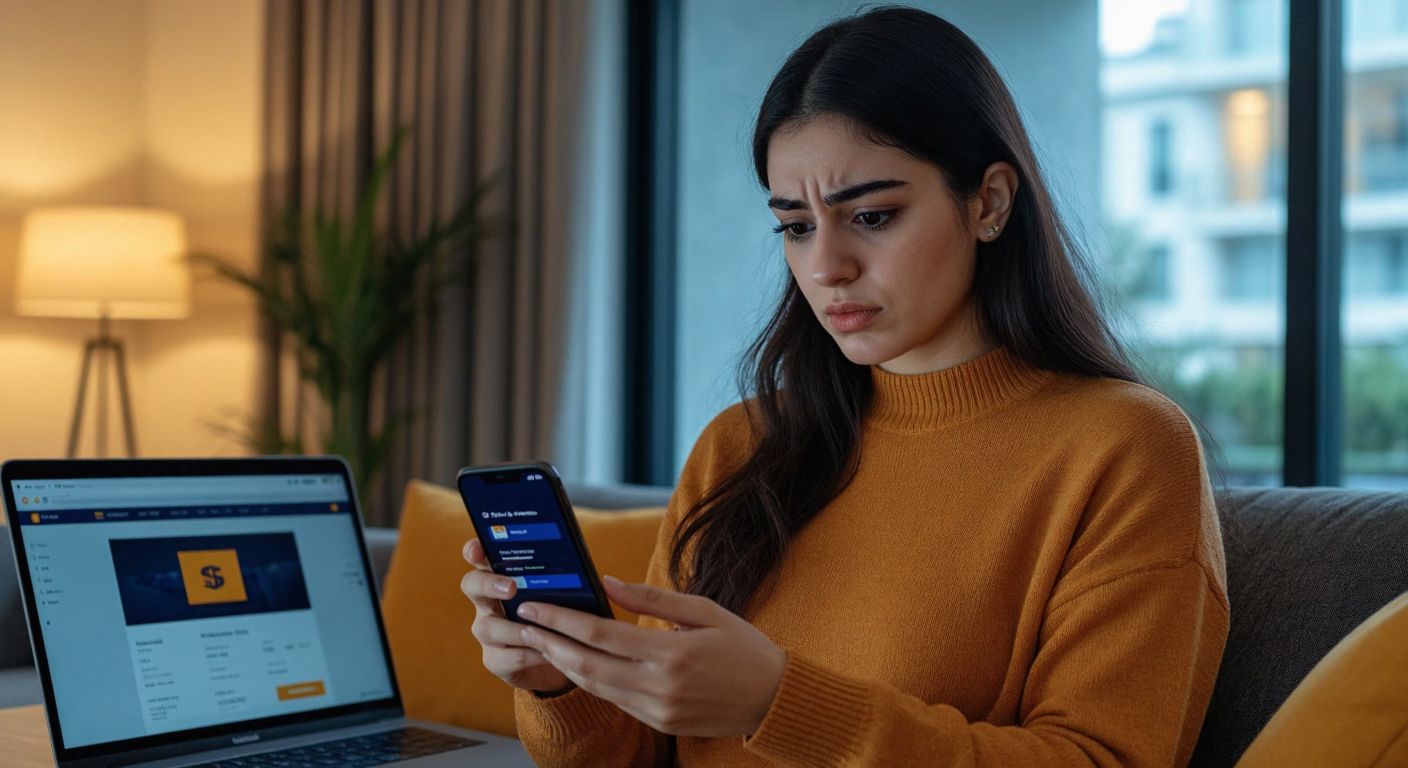 A focused Turkish woman in a modern home setting, holding a smartphone with a banking app open, while a laptop displaying a bank's website sits nearby, her expression showing determination and slight relief.