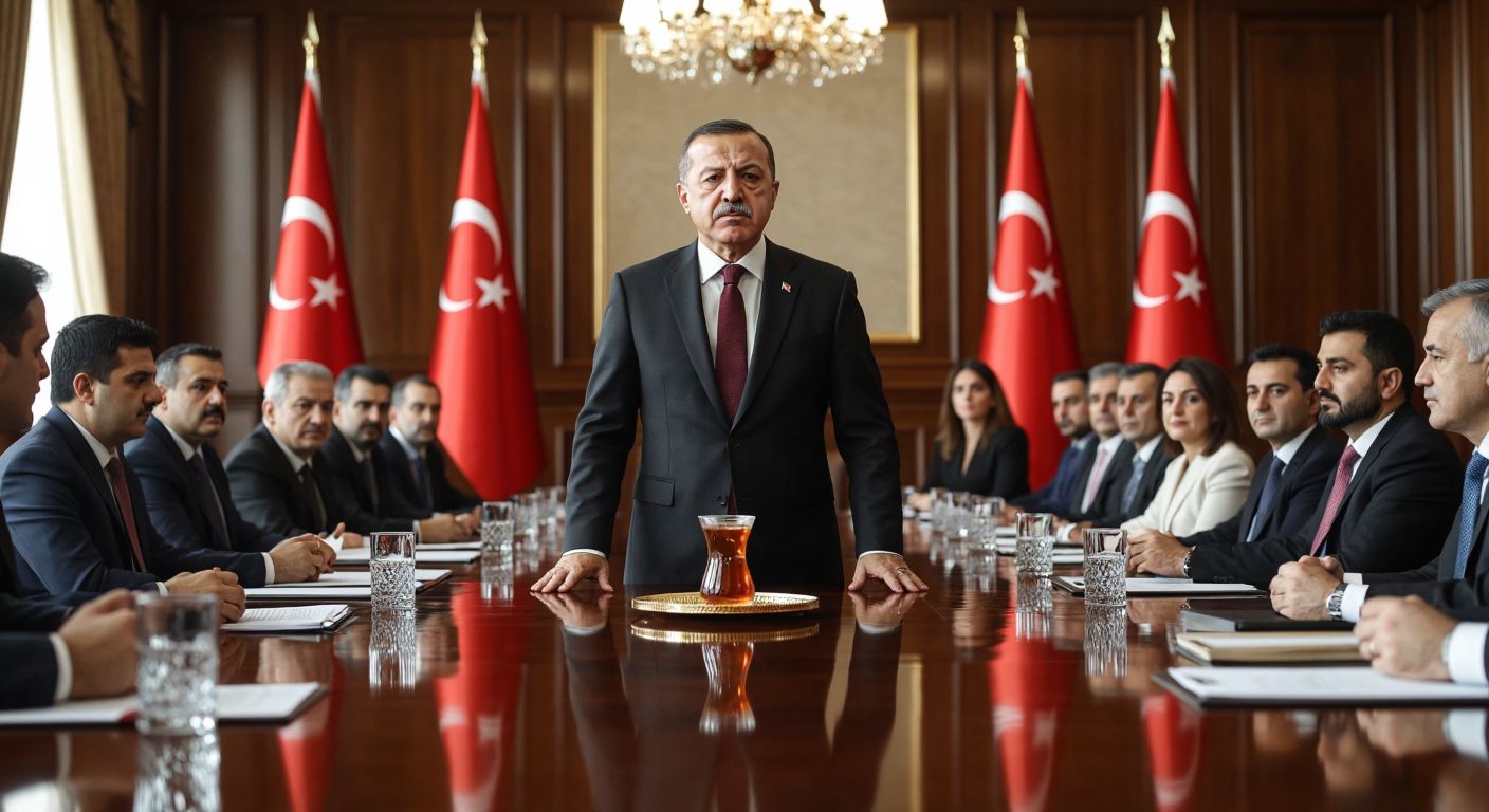 A solemn, middle-aged Turkish man in a formal suit stands at the head of a polished wooden table in a government meeting room, surrounded by diverse representatives in business attire, with Turkish flags and a tray of steaming çay in tulip-shaped glasses on the side.