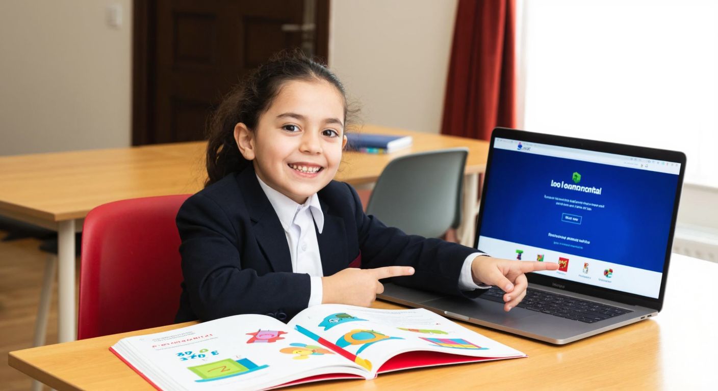 A cheerful Turkish child in a school uniform sits at a wooden desk, eagerly pointing at an open textbook with colorful math illustrations, while a laptop screen nearby displays a website with a download button.