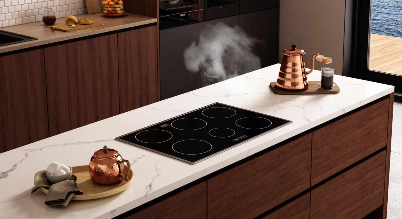 A sleek, modern Turkish kitchen with a marble countertop featuring a precisely cut 60 cm built-in stove, surrounded by warm wooden cabinets and a copper tea set steaming nearby.