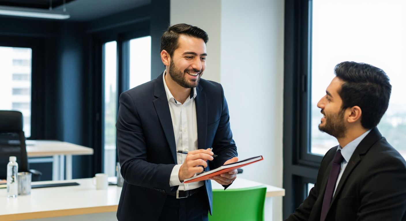 A Turkish manager in a modern office smiles warmly while giving constructive feedback to a young employee, who listens attentively with a notebook in hand.