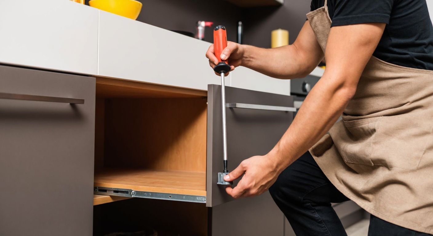 A person in a modern Turkish kitchen, wearing an apron and holding a screwdriver, carefully adjusting the corner of a lower cabinet while checking its alignment with a level tool.