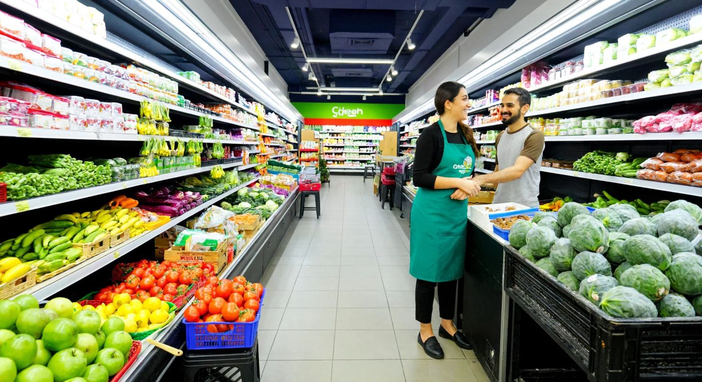 A vibrant Turkish supermarket aisle with colorful shelves stocked with fresh produce, packaged goods, and a cheerful cashier in a Grosper-branded apron assisting a customer.