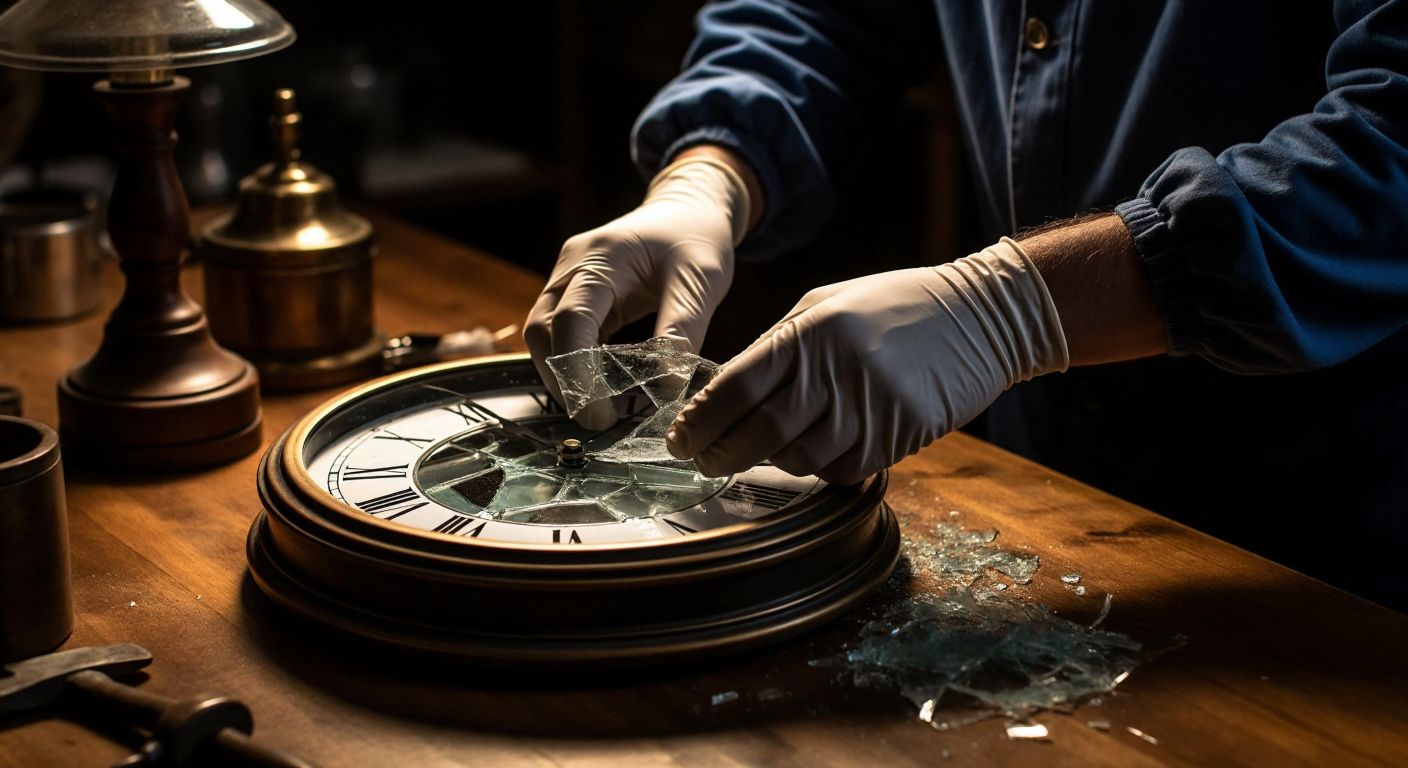 A close-up of a pair of careful hands wearing gloves, gently removing a cracked glass face from a round wall clock against a warm wooden table in a cozy Turkish home.