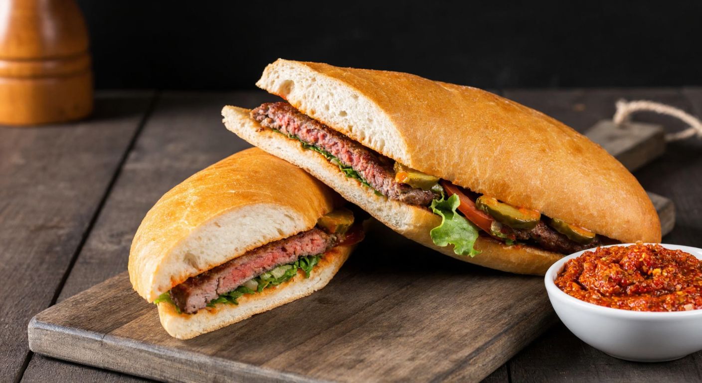 A golden-brown köfte ekmek sandwich, cut in half to reveal juicy meat and fresh vegetables, placed on a rustic wooden table with a small bowl of spicy red pepper paste nearby.