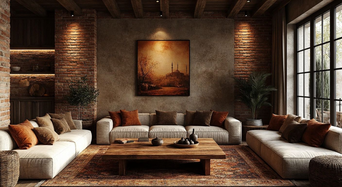 A warm, rustic Turkish living room with brick-patterned wall panels, a cozy wooden coffee table, and soft amber lighting, evoking a sense of durability and aesthetic charm.