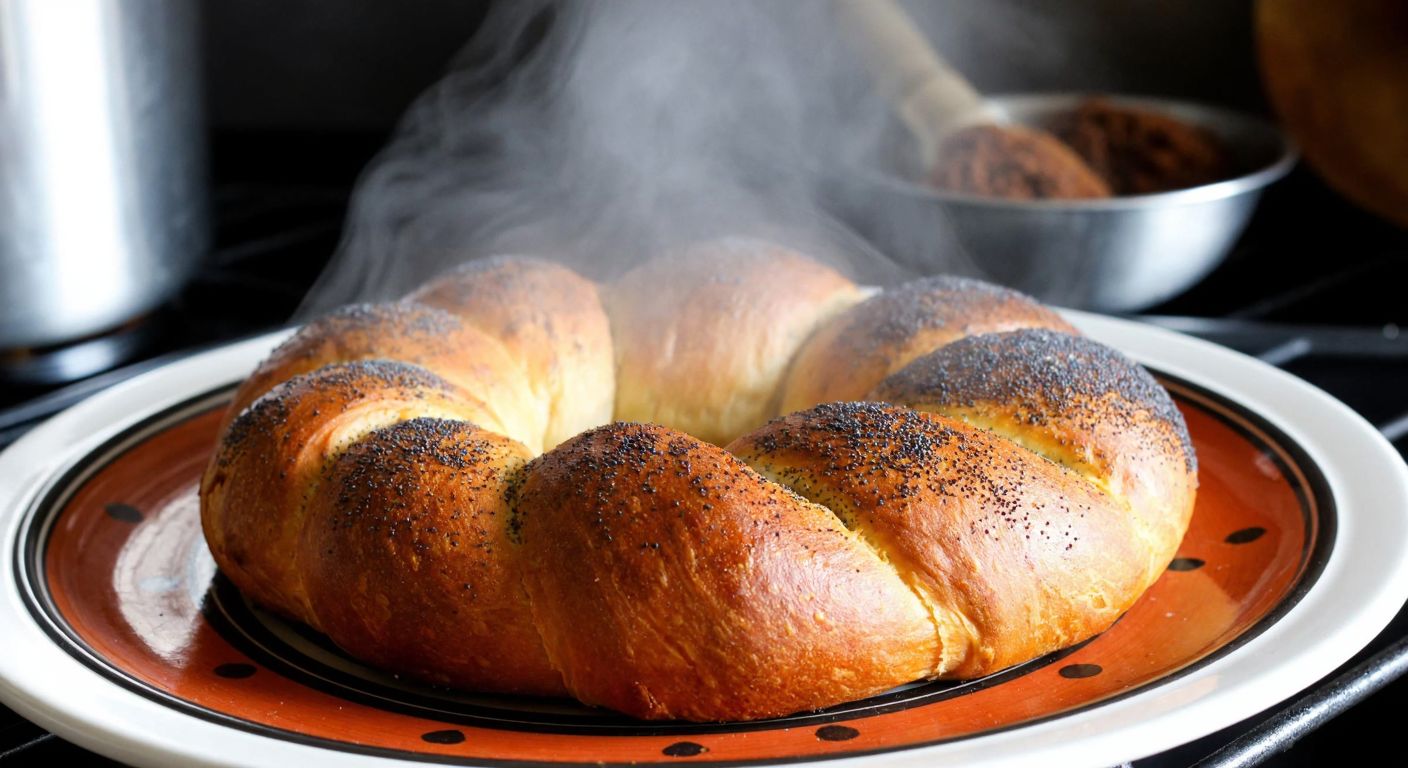 A golden-brown poppy seed-covered açma pastry fresh out of the oven, resting on a traditional Turkish ceramic tray, with steam rising and a warm kitchen in the background.