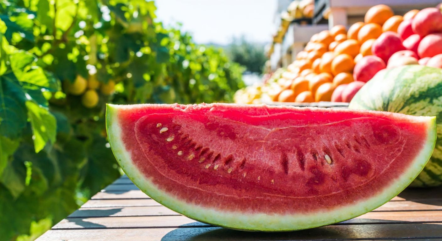 A vibrant, freshly cut watermelon slice resting on a sunlit wooden table in a Turkish market, surrounded by lush green vines and a backdrop of colorful summer fruits, symbolizing nourishment, resilience, and cultural heritage.