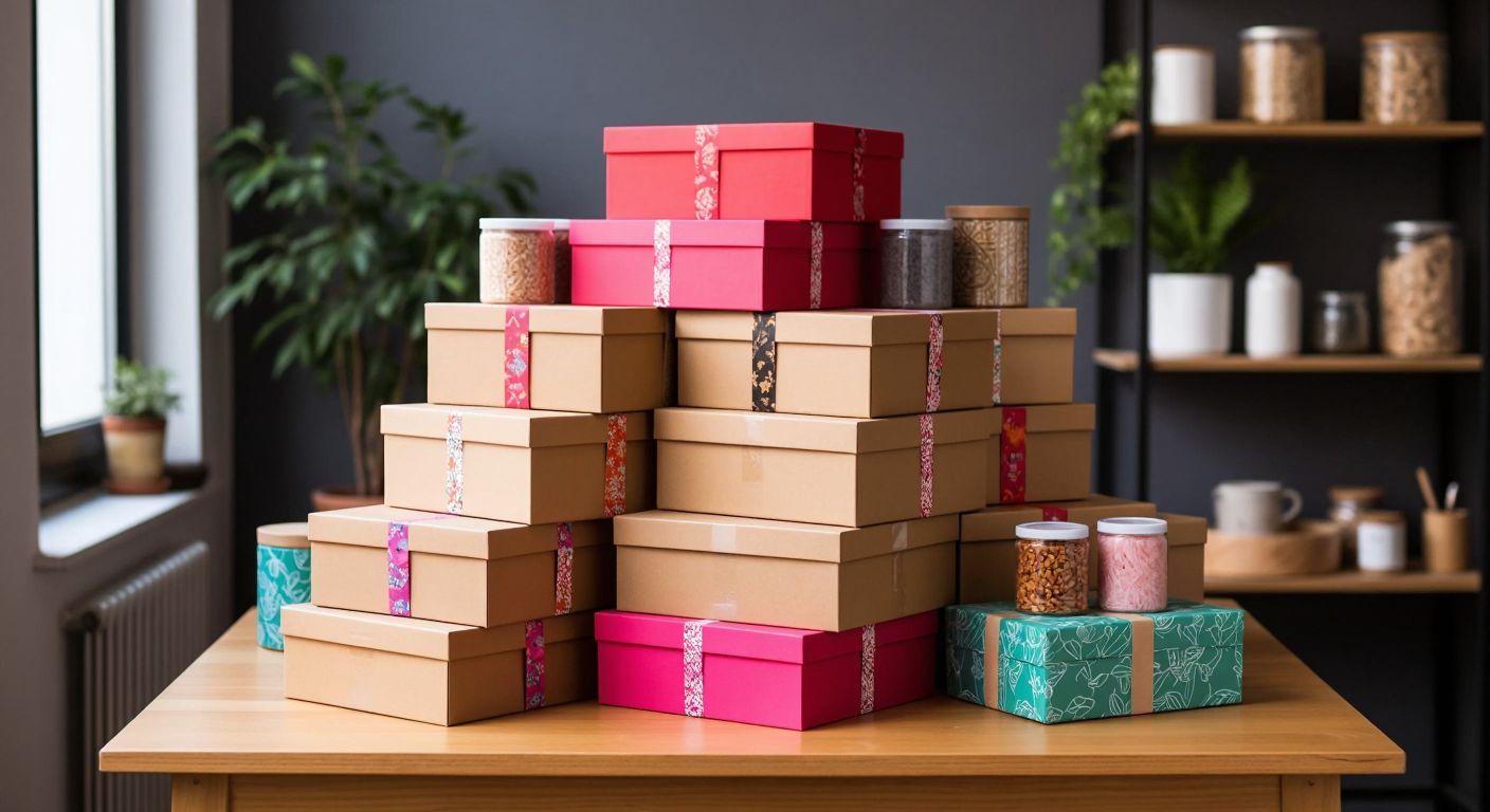 A neatly stacked pile of branded cardboard boxes in various sizes, filled with colorful tissue paper and eco-friendly cushioning materials, adorned with decorative patterned tape and custom stickers, placed on a wooden table in a Turkish workshop.