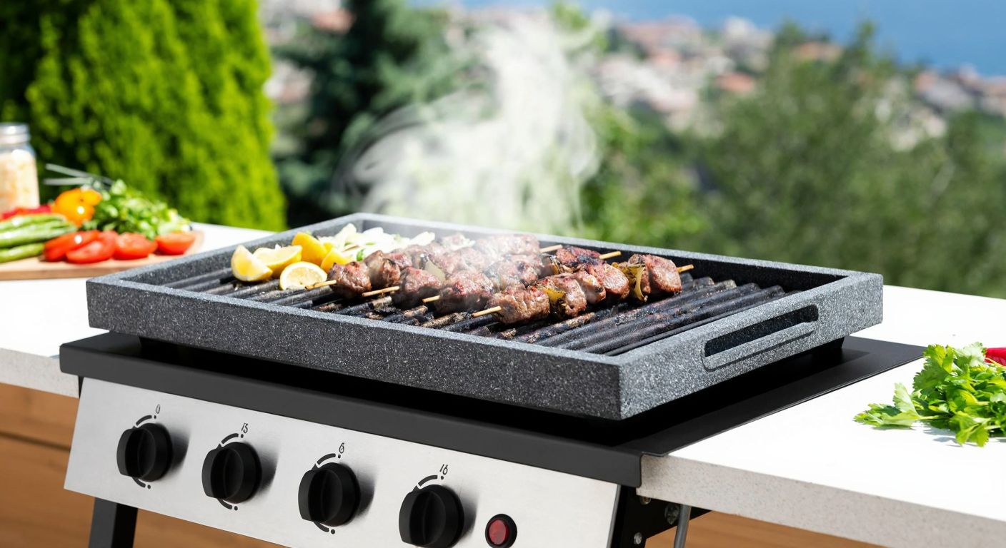 A sleek, modern barbecue grill with a granite-like non-stick surface, emitting minimal smoke as it cooks juicy kebabs over glowing embers, set against a backdrop of a sunny Turkish terrace with a vibrant green salad and fresh herbs nearby.