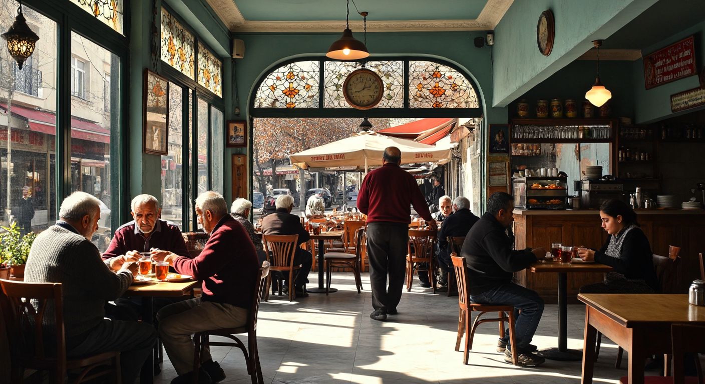 A quiet Turkish café with mostly elderly patrons sipping tea, while a lone young worker struggles to serve tables, reflecting the strain of a shrinking youth population on labor and social dynamics.
