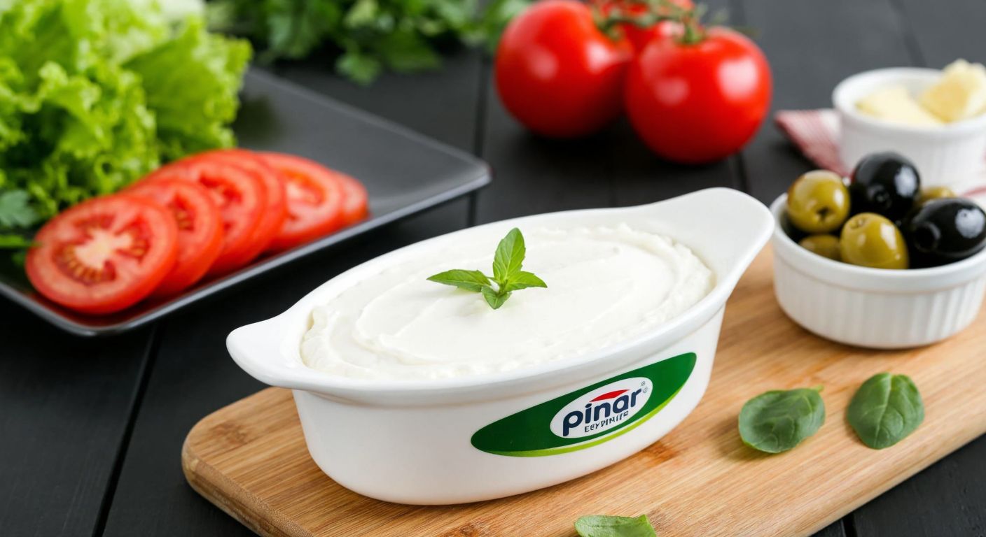 A white ceramic bowl filled with creamy Pınar süzme peynir (strained cheese) sits on a wooden table, surrounded by fresh vegetables and a small plate of olives, evoking a healthy Turkish breakfast.
