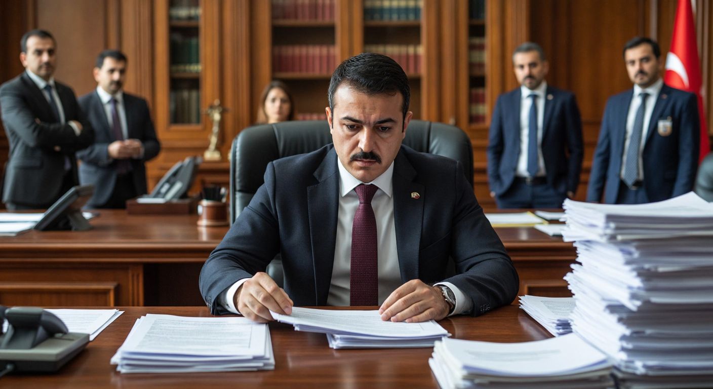 A professional Turkish bureaucrat in a formal suit sits at a wooden desk in a government office, attentively organizing stacks of documents while a group of officials discusses consumer rights in the background.