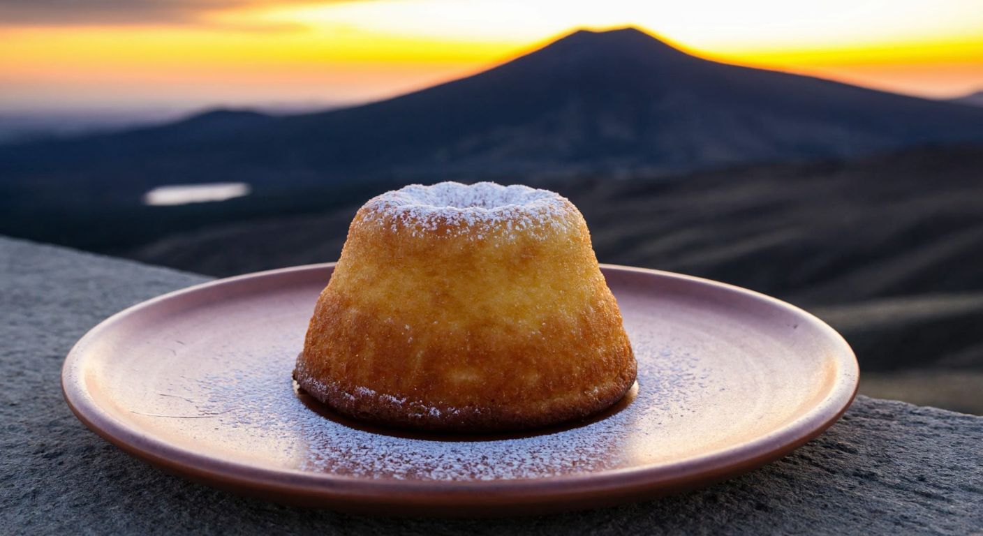 A golden-brown, dome-shaped dessert dusted with powdered sugar sits on a rustic plate, evoking the shape of Göllü Dağ, with a backdrop of Niğde’s volcanic landscape under a warm sunset.
