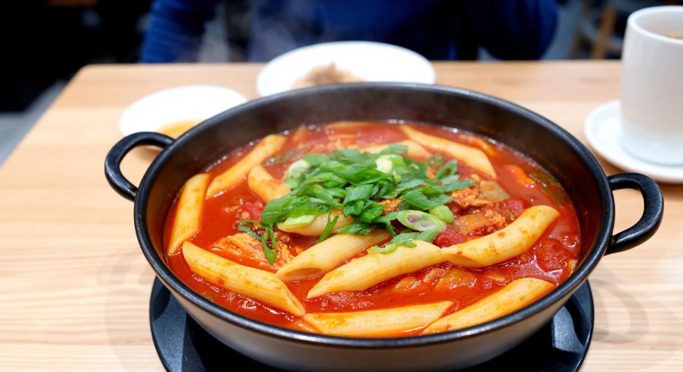 A steaming bowl of spicy Korean rice cakes (tteokbokki) with vibrant red sauce, garnished with green onions and fish cakes, placed on a wooden table in a cozy eatery.