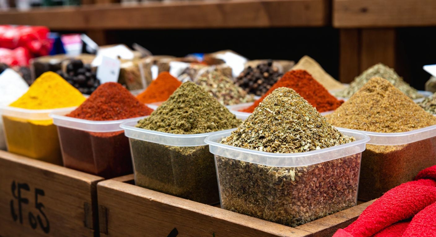 A colorful, resealable plastic pouch filled with Turkish spices sits on a wooden market stall, its edges neatly folded to show the secure zip-lock closure.