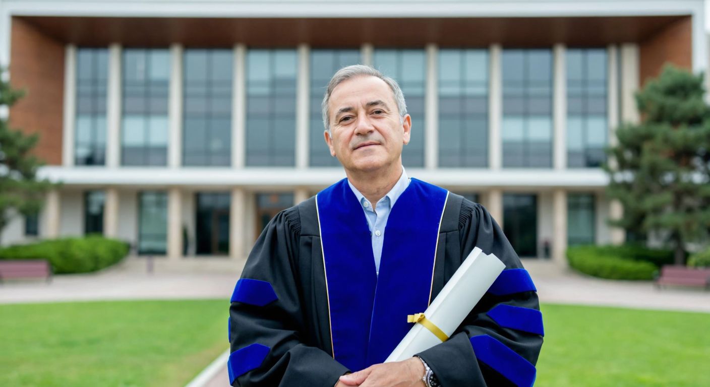 A middle-aged man with a thoughtful expression stands proudly in front of Bursa Uludağ University's grand faculty building, wearing a traditional Turkish academic robe and holding a diploma.