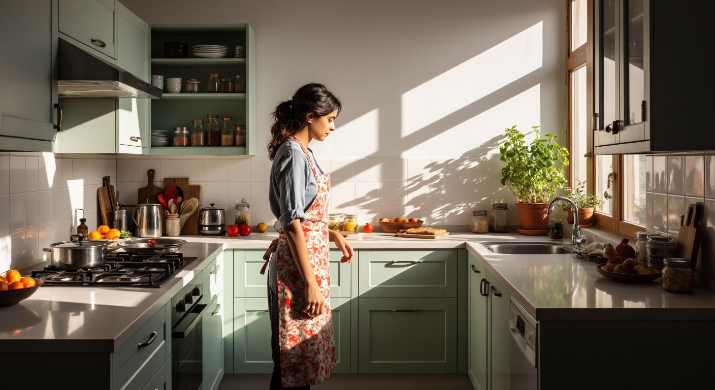 A sunlit Turkish kitchen with glossy white tiles reflecting light on one wall and matte gray tiles on another, contrasting their practicality while a woman in a floral apron inspects them thoughtfully.