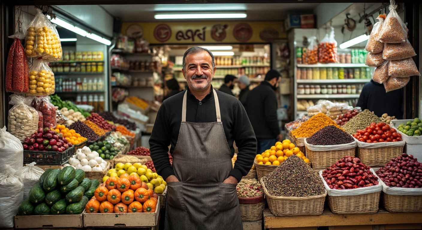 A bustling Turkish market scene with a smiling middle-aged man (Şenel Ünal) in an apron standing proudly in front of a well-stocked grocery store, surrounded by colorful produce, sacks of spices, and locals shopping.