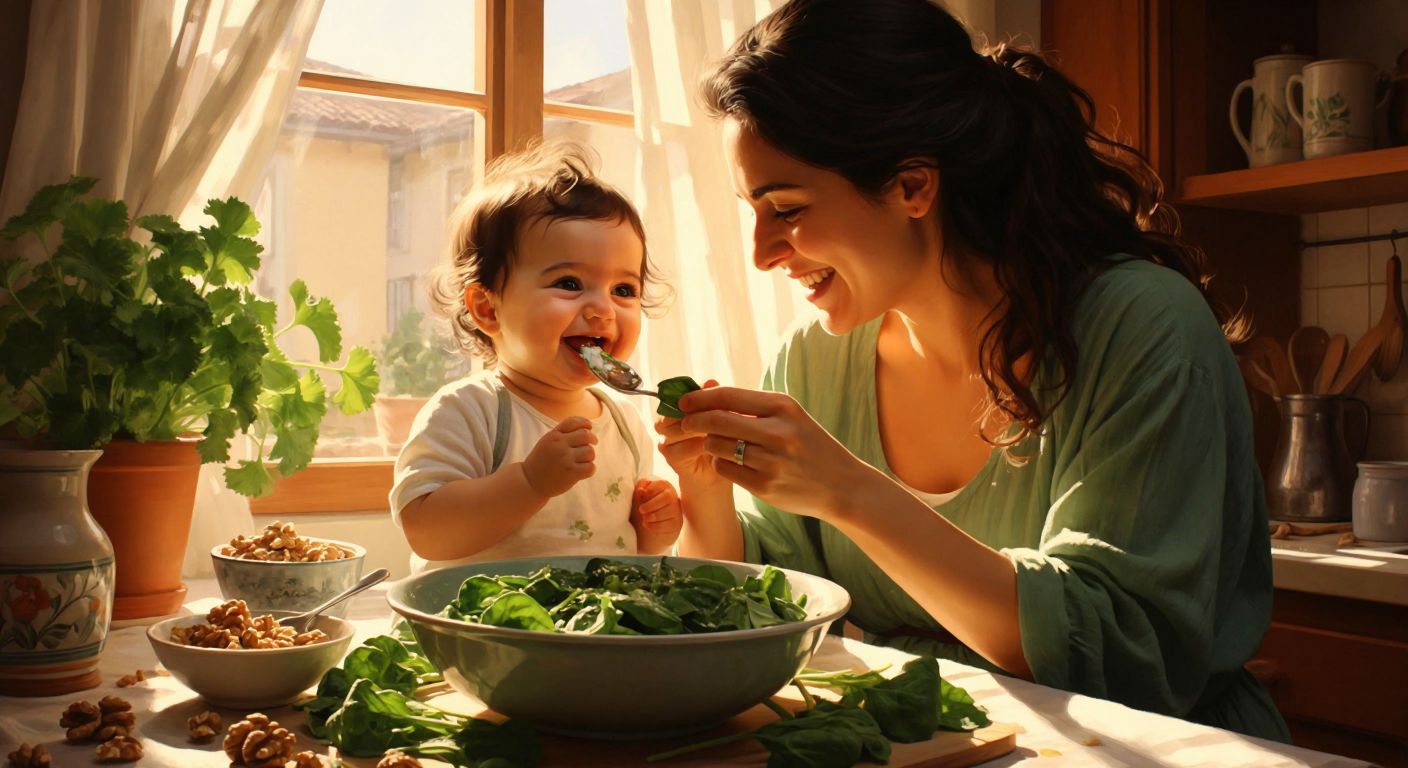 A Turkish mother gently feeding her smiling baby a spoonful of yogurt with chopped spinach and walnuts in a cozy, sunlit kitchen.