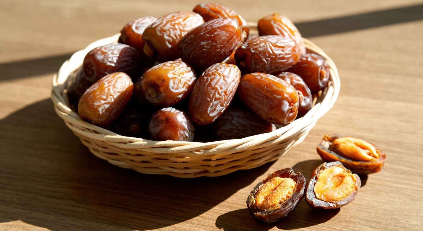 A vibrant display of plump, golden-brown Medjoul dates arranged in a woven Turkish basket, resting on a sunlit wooden table with a few split open to reveal their soft, caramel-colored flesh.