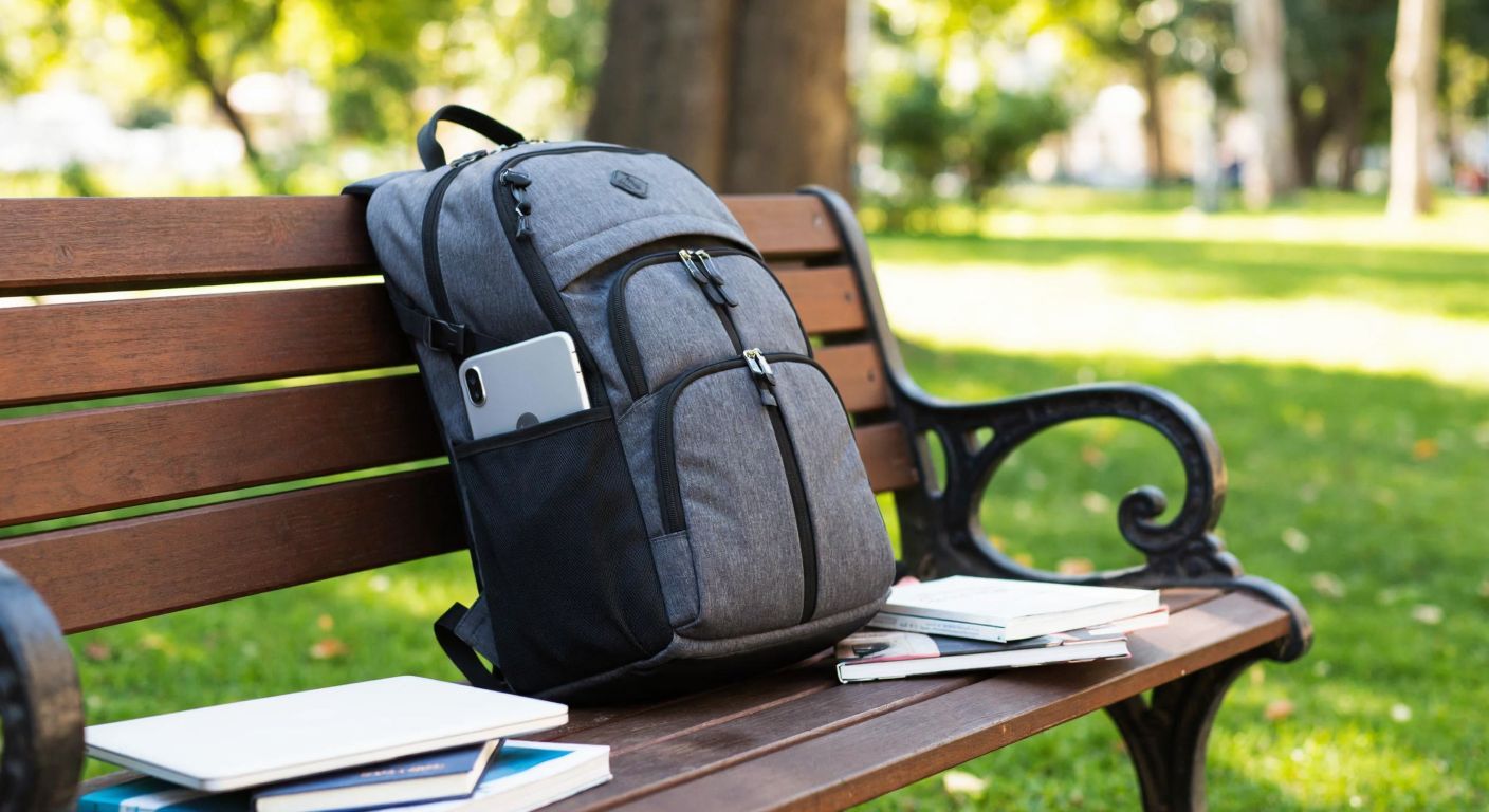 A sleek, dark gray Tomtoc backpack with reinforced stitching and multiple compartments, resting on a wooden bench in a sunlit Istanbul park, surrounded by scattered books and a laptop peeking out from one of its pockets.