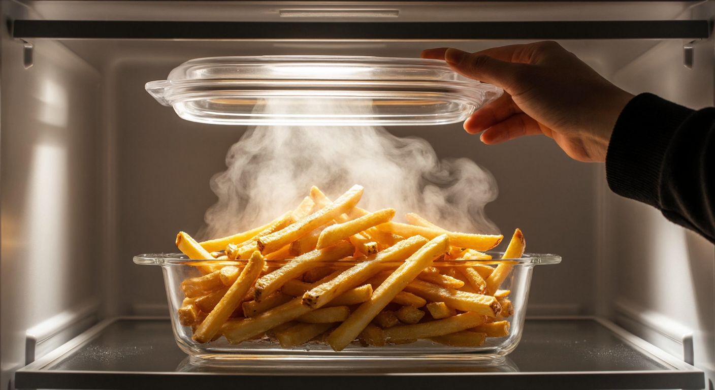 A golden pile of crispy french fries sits in a glass container inside a refrigerator, with a hand placing an airtight lid over it, while steam rises faintly from the warm fries.