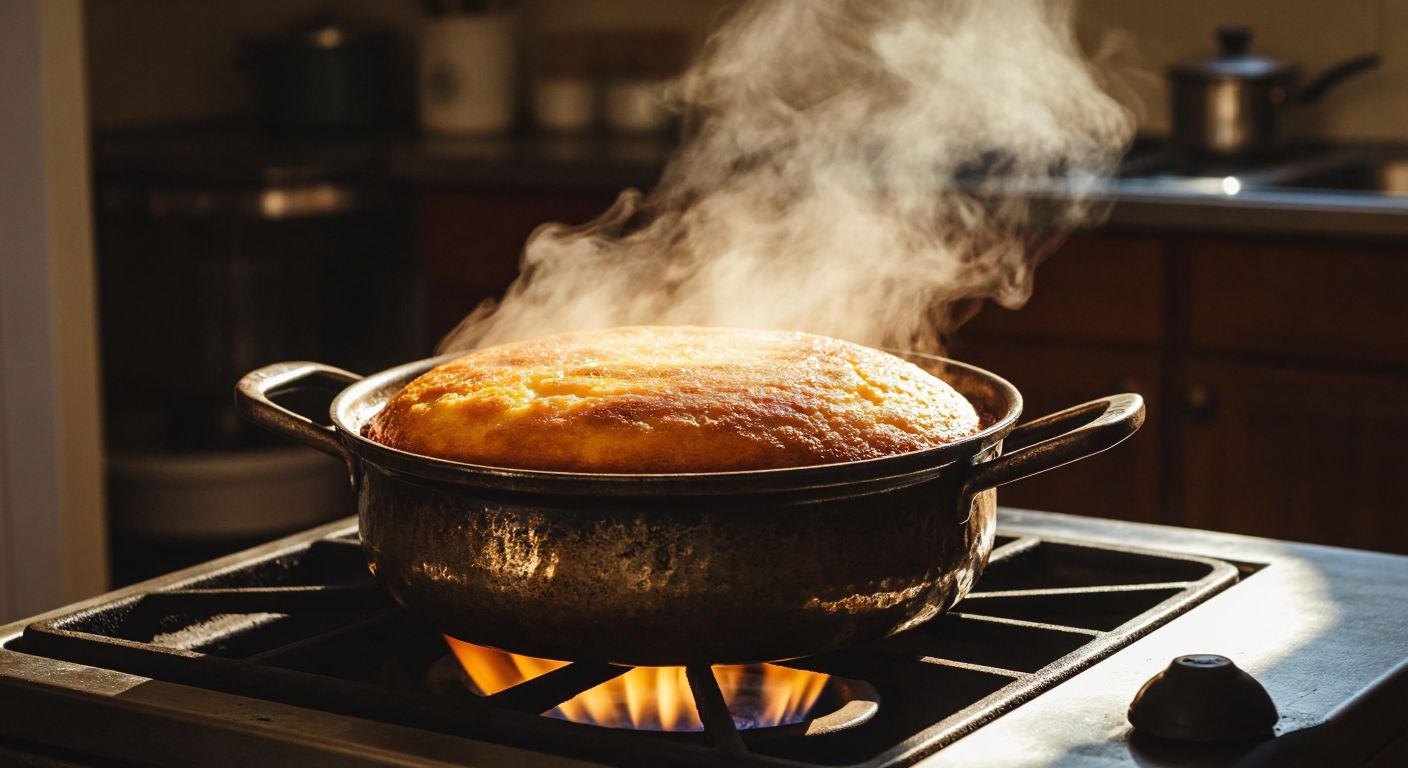A warm, well-oiled Turkish pot sits on a low flame, its lid covered with a clean cloth, while golden-brown steam rises around a perfectly baked, fluffy cake inside.