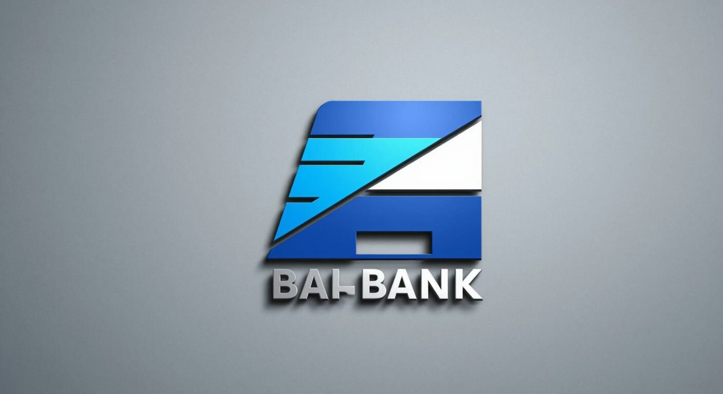A sleek, modern bank logo in blue and white, featuring a stylized design with clean lines, set against a neutral background.