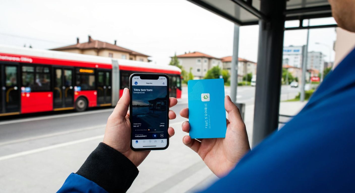 A person in Sakarya holds a blue transit card while using a smartphone with the Sakus app open, standing near a bus stop with a cityscape in the background.