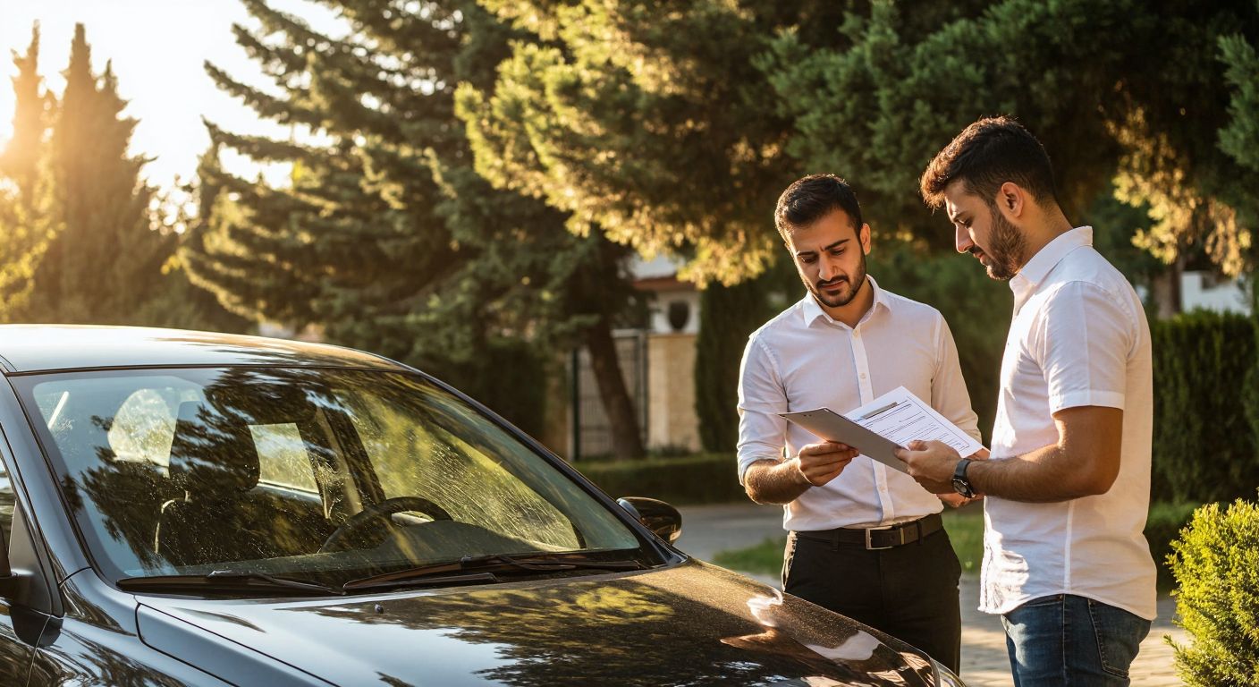 A dented car with a Turkish insurance agent in a crisp white shirt examining the damage under the warm sunlight, while the relieved driver stands nearby holding a policy document.