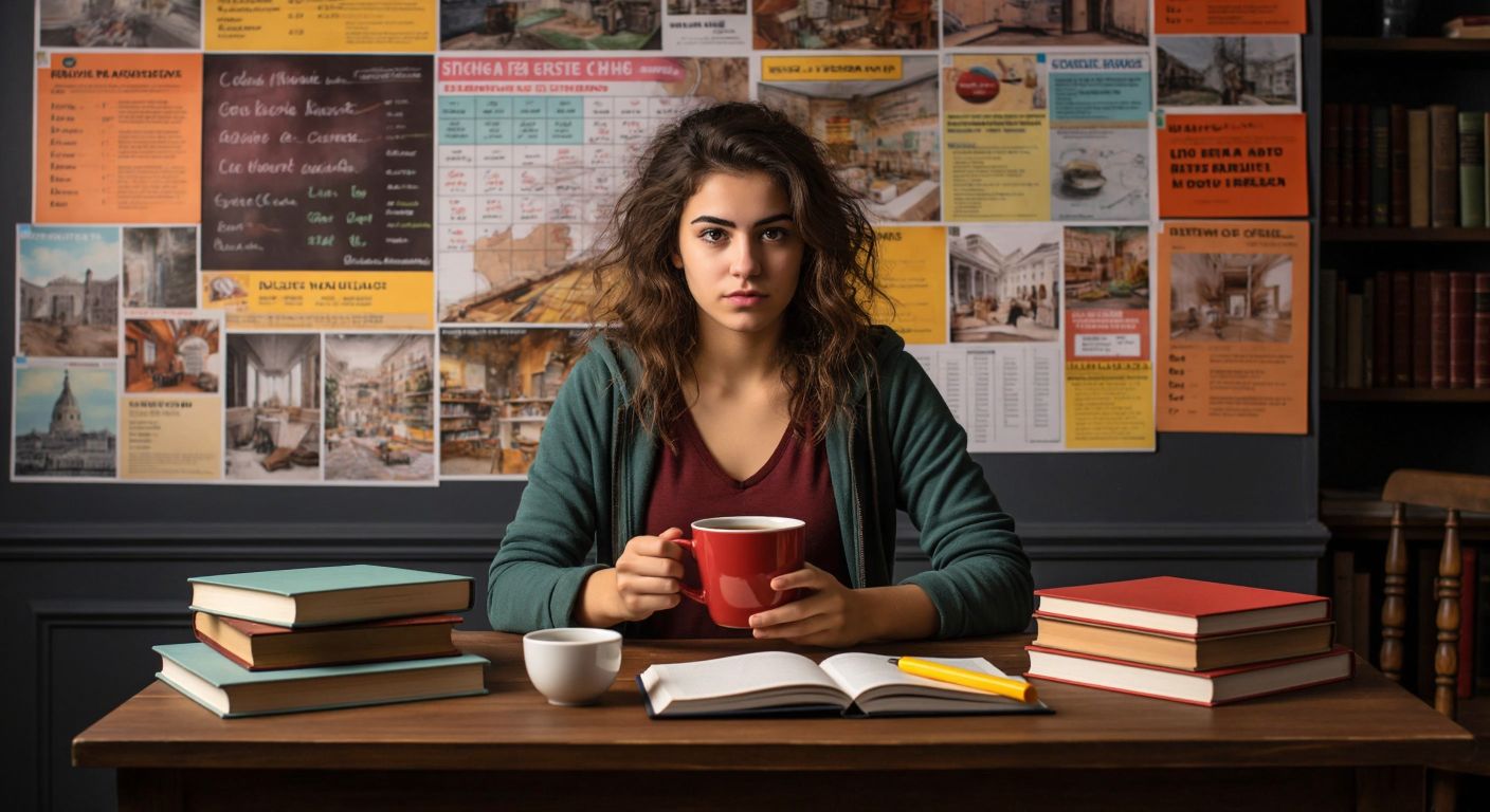 A focused Turkish student sits at a wooden desk with a stack of books, a notebook, and a highlighter, glancing at a wall covered in a colorful study schedule while holding a steaming cup of çay (tea).