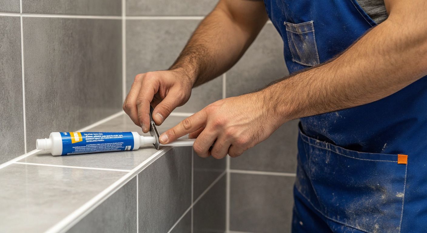 A Turkish handyman in a blue work apron carefully smooths fresh silicone along a bathroom tile edge using a small, angled scraping tool, with a tube of silicone sealant resting nearby.