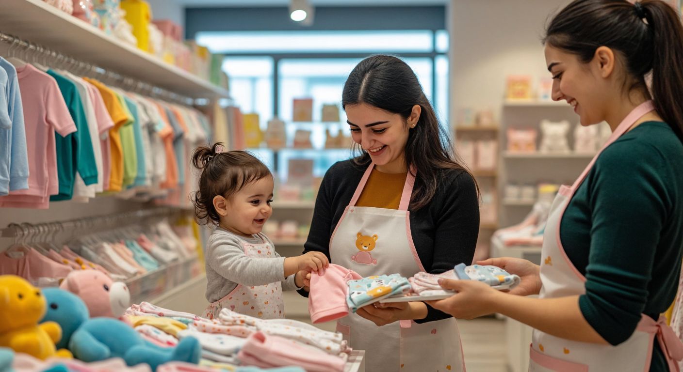 A cheerful Turkish mother in a modern baby store, browsing colorful baby clothes and toys while a friendly shop assistant in a branded apron assists her.