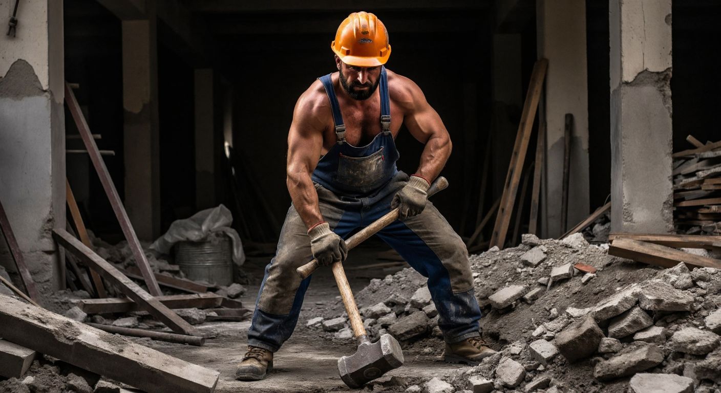 A muscular worker in a Turkish construction site, wearing a hard hat and gloves, firmly gripping a heavy sledgehammer with both hands, surrounded by scattered tools and rubble.