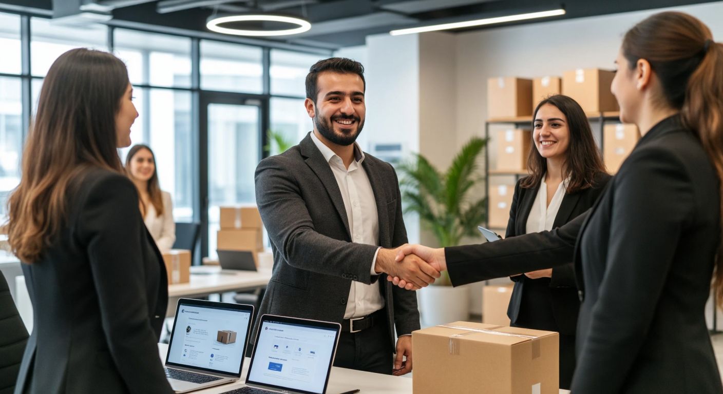 A confident Turkish entrepreneur in a modern office shaking hands with a diverse group of business partners, with a laptop displaying an e-commerce dashboard and packages ready for shipping in the background.