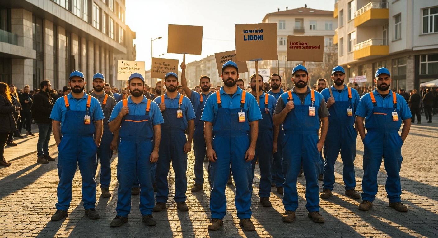 A group of determined municipal workers in blue overalls stand together outside a city hall in Turkey, holding protest signs (without text) and wearing union badges, with a warm sunset casting long shadows on the cobblestone street.