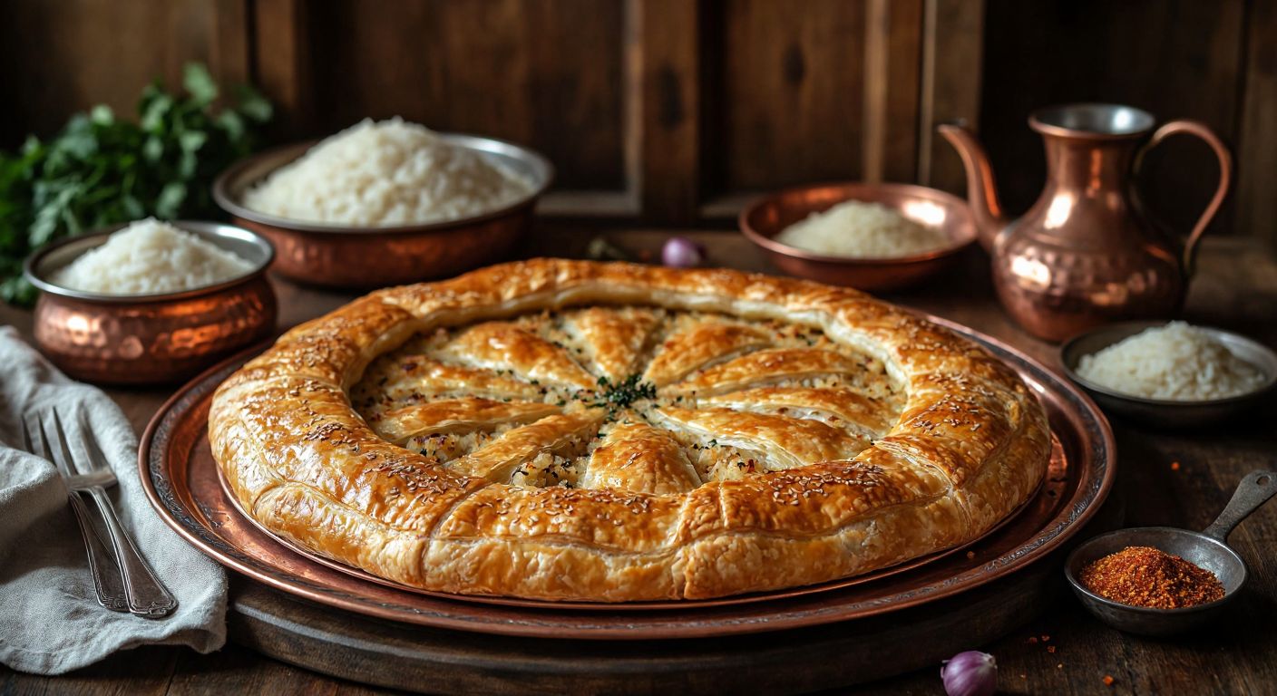 A golden, flaky *pirinçli börek* with rice filling, freshly baked on a traditional Konya copper tray, surrounded by a rustic Anatolian kitchen backdrop and a warm, inviting glow.