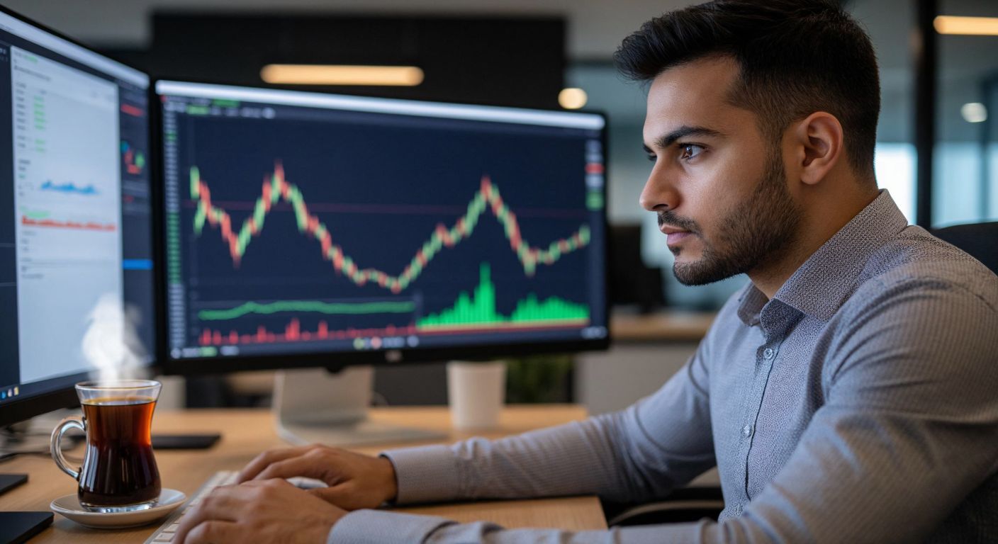 A focused trader in a modern office gazes intently at a sleek computer screen displaying colorful financial charts, with a steaming cup of Turkish coffee beside the keyboard.