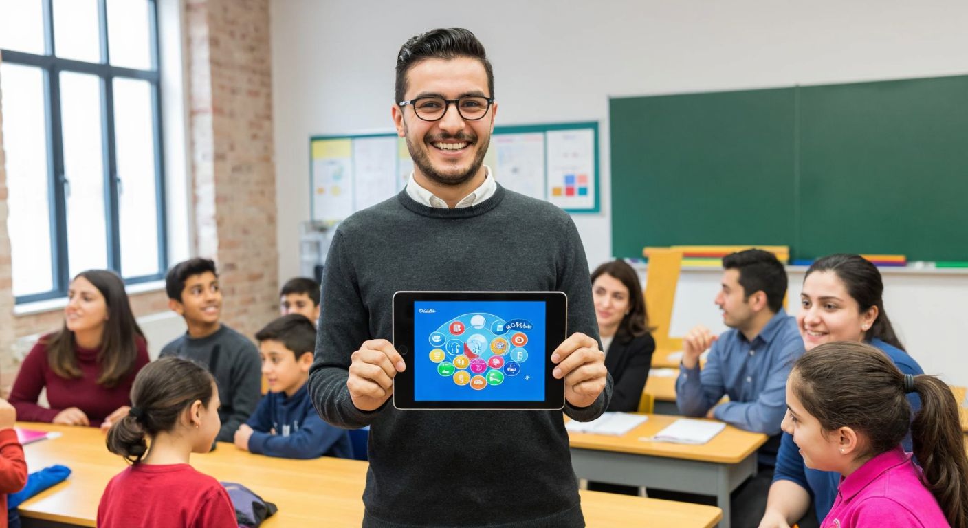 A cheerful Turkish teacher in a modern classroom holds up a tablet displaying a colorful educational app interface, while attentive students and parents gather around, smiling with curiosity and engagement.