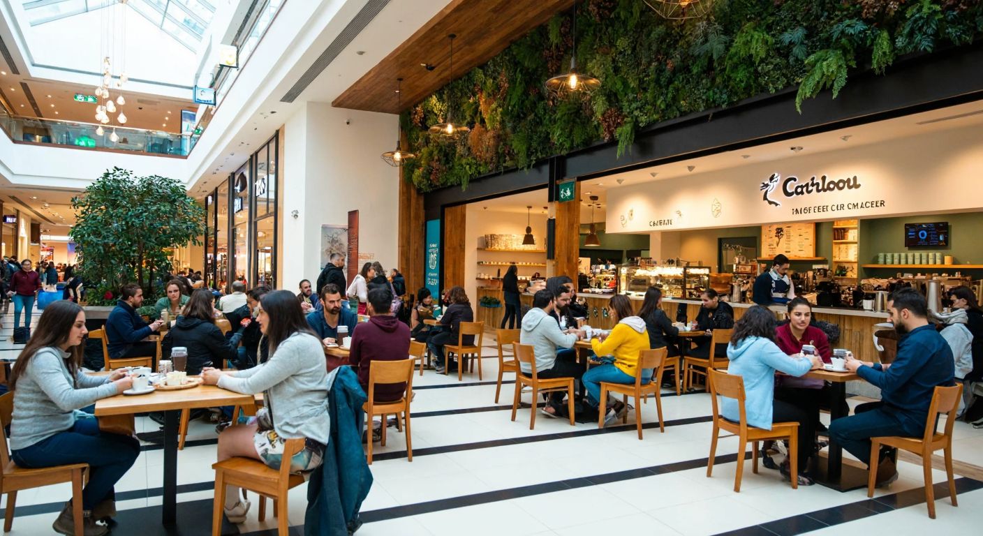 A bustling shopping mall in Turkey with a warmly lit Caribou Coffee shop, where people of diverse ages sit at wooden tables enjoying coffee and pastries, surrounded by lush indoor plants and modern decor.