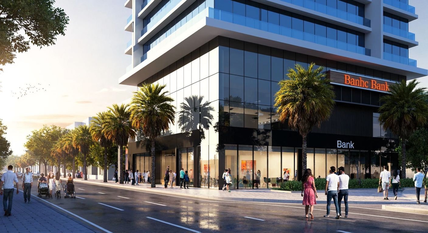 A modern bank building with a sleek glass facade stands on a bustling street in Adana’s Seyhan district, surrounded by palm trees and pedestrians in casual summer attire, with the warm glow of sunlight reflecting off the pavement.