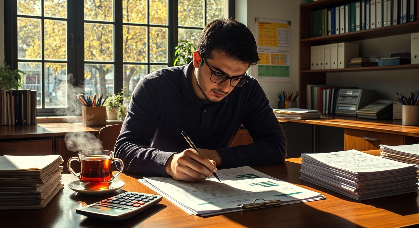 A focused Turkish teacher in a sunlit school office, wearing glasses and a collared shirt, carefully entering data into a printed spreadsheet on a wooden desk, with a steaming cup of Turkish tea beside a calculator and a neatly stacked pile of student attendance sheets.