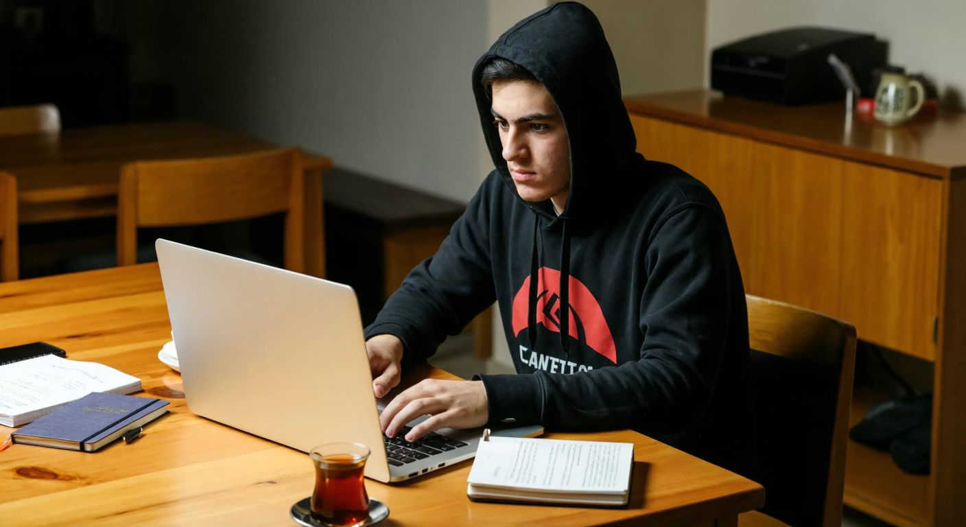 A young student in a university hoodie sits at a wooden desk in Gaziantep, focused on a laptop screen with a determined expression, surrounded by scattered notebooks and a steaming cup of Turkish tea.