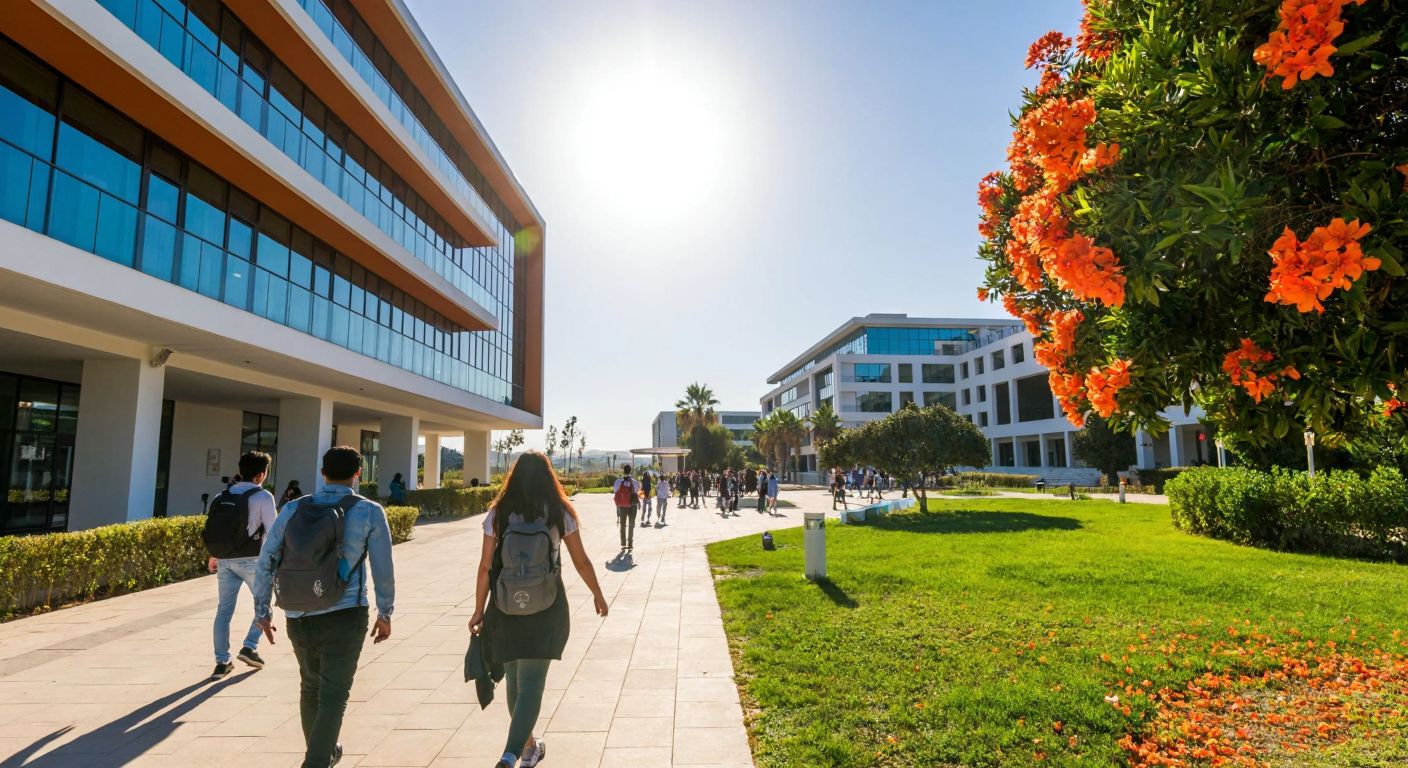 A sunlit university campus in Antalya with modern engineering buildings, students walking with backpacks, and a vibrant orange tree in the foreground.