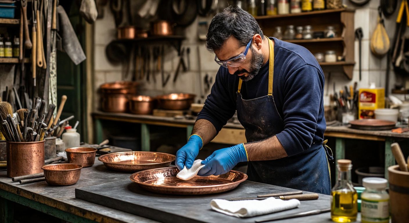 A Turkish craftsman in a workshop, wearing gloves and safety goggles, carefully polishing a gleaming copper tray with a soft cloth and natural paste, surrounded by tools and jars of vinegar and olive oil.