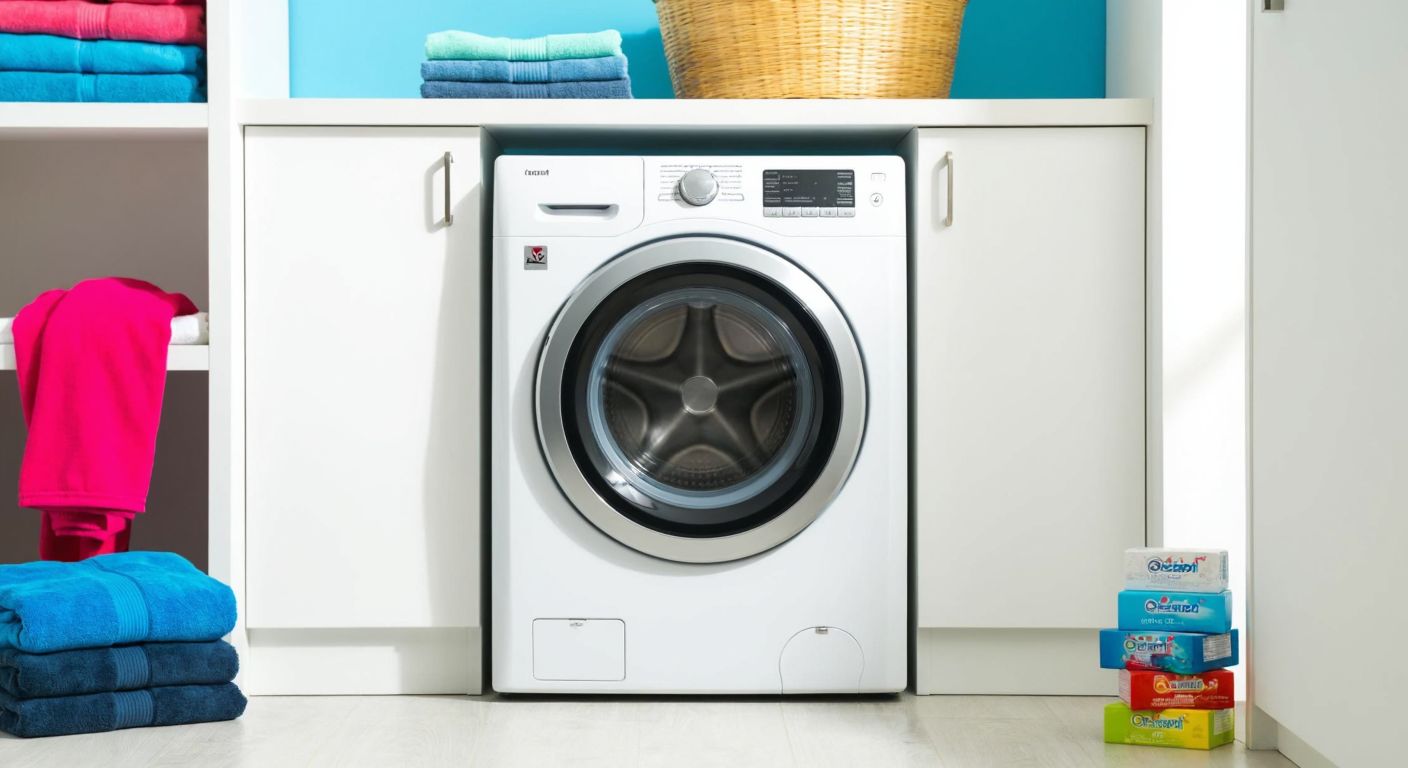 A modern white washing machine with a sleek design sits in a bright Turkish laundry room, surrounded by neatly folded colorful clothes and a small stack of detergent boxes.