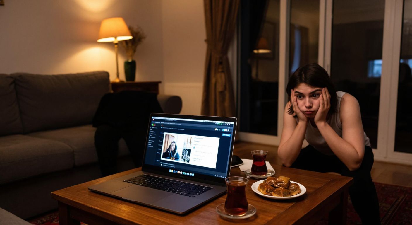 A dimly lit living room with a laptop open on a wooden coffee table, showing a streaming platform's interface, while a person leans forward with a curious expression, surrounded by Turkish tea glasses and a plate of baklava.